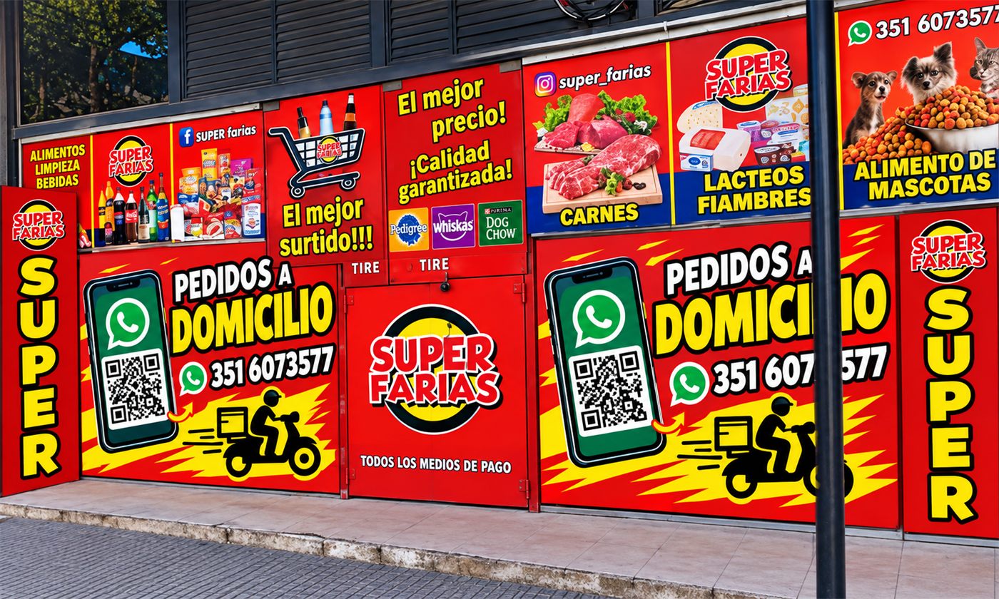 Cartelería de Super Farias con el QR y el WhatsApp 351 6073577 para pedidos a domicilio